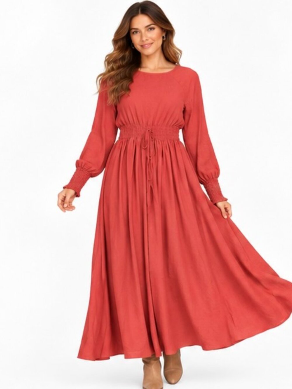 Boohoo Women's 10 Maroon Maxi Dress Long Sleeve Smocked Waist Boho Cottagecore